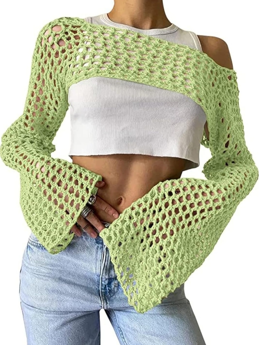 KEOMUD Women Mesh Crochet Crop Top--XL Light Green NIB